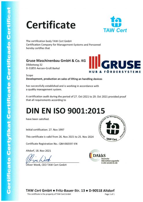 Gruse ISO 9001 certificate English 2021