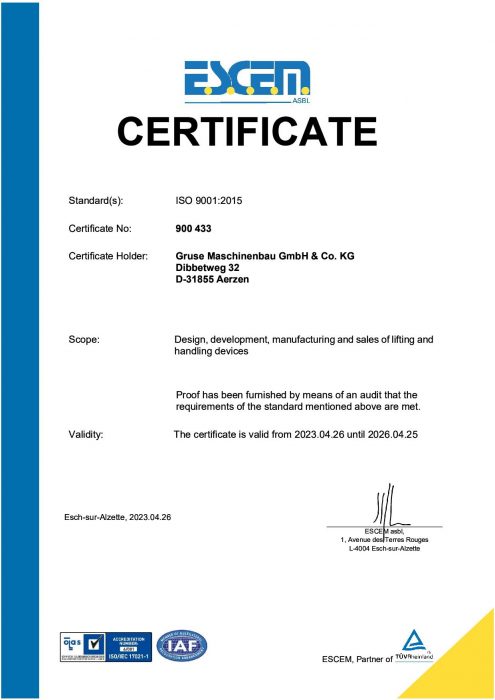 Gruse ISO 9001 certificate 2023